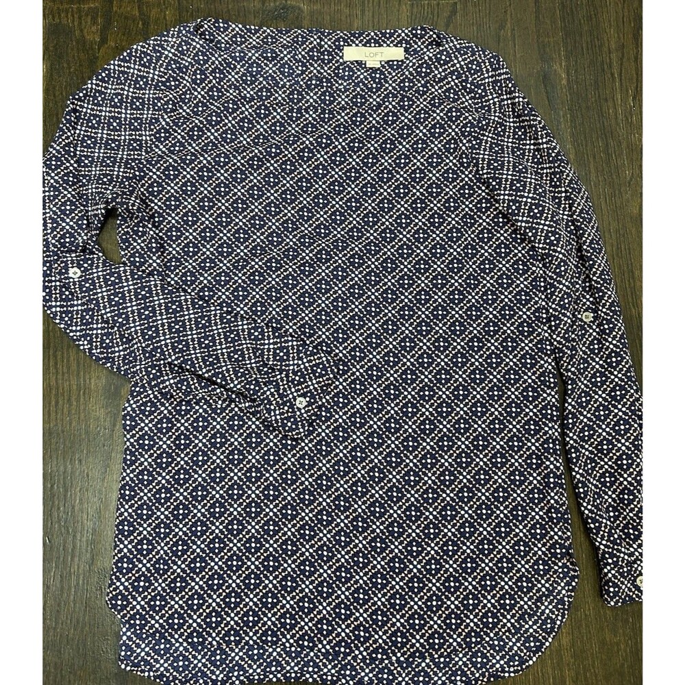 LOFT Women’s XS Blue Pink White Geometric V-Neck Long Sleeve Woven Blouse